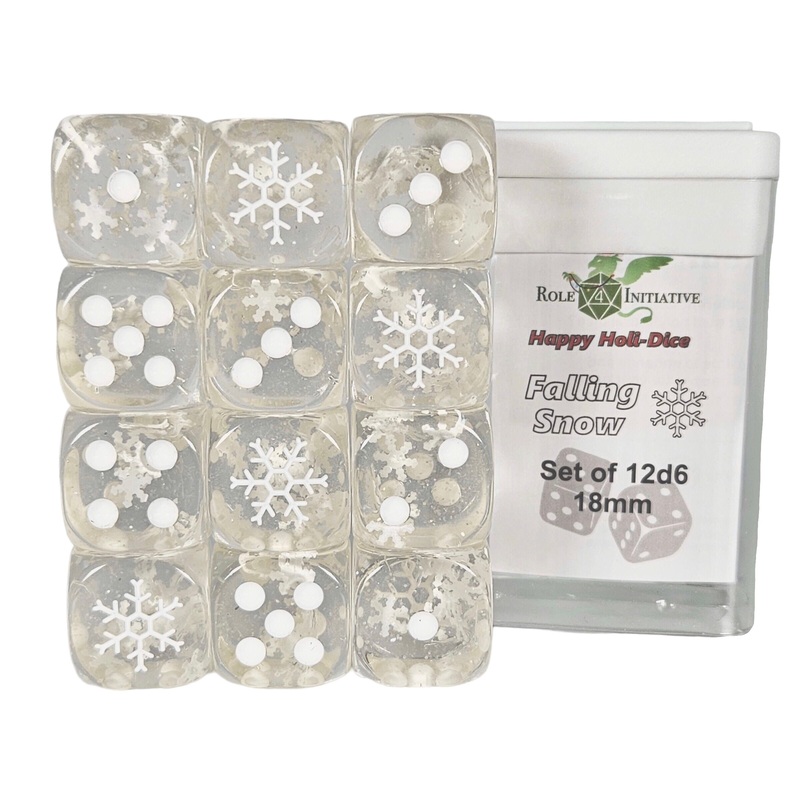 Set of 12d6 pip 18mm dice in Holiday colors: Falling Snow (Diffusion)