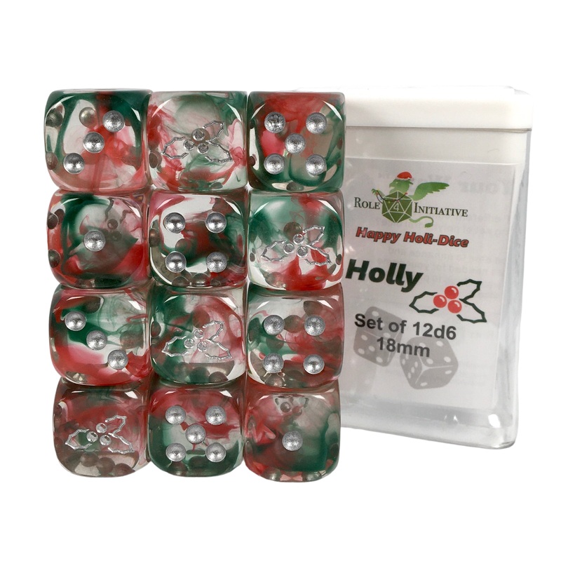 Set of 12d6 pip 18mm dice in Holiday colors: Holly (Diffusion)