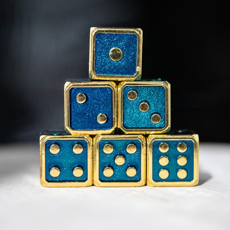D6 6pc. Metal Dice Set- Aqua and Gold