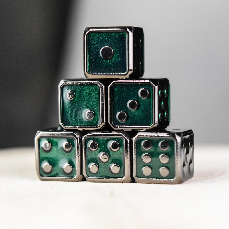 D6 6pc. Metal Dice Set- Green and Black