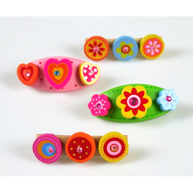4 Pcs Wooden Kids Hair Accessories with Barette Clips  (Pink Heart / Yellow Flower)