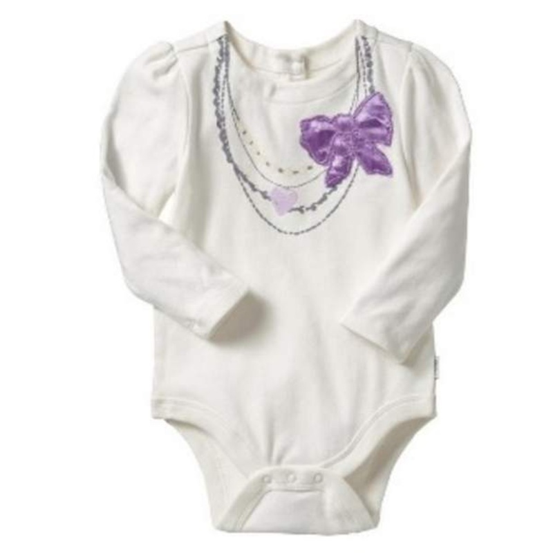 Girls White Romper Long Sleeves Purple Ribbon