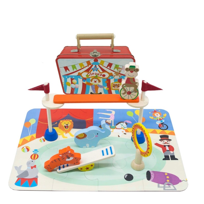 Wooden Circus Play Set and Jigsaw Puzzle in a Case