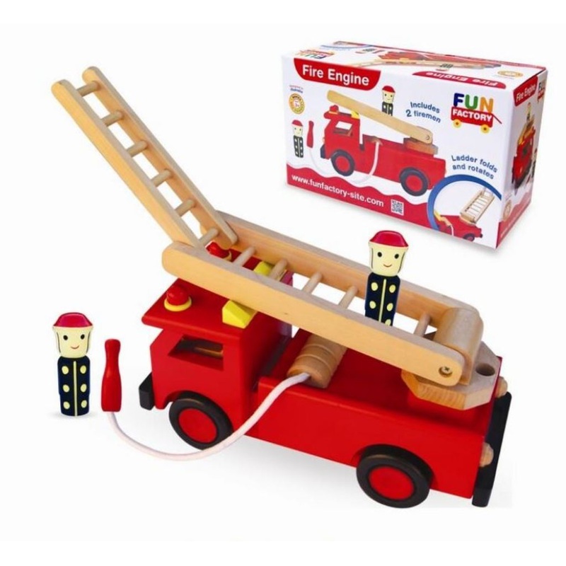 Fun Factory Wooden Fire Engine Truck with Folding and Rotating Ladder
