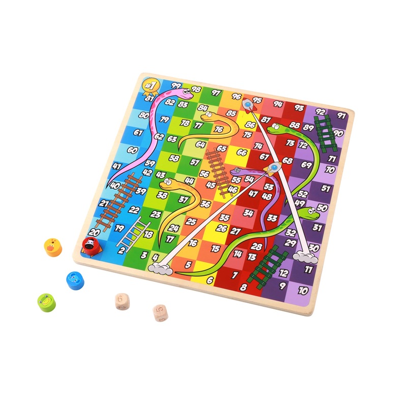 Tooky Toy 2 in 1 Wooden Board Game - Snakes and Ladders, Ludo Game