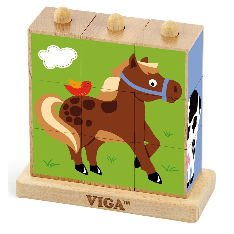 Viga - 9 pcs Wooden Cube Puzzle Farm