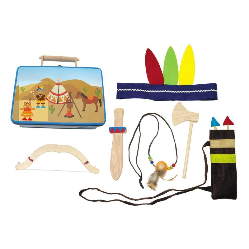 Wooden Indian Set in a tin Case