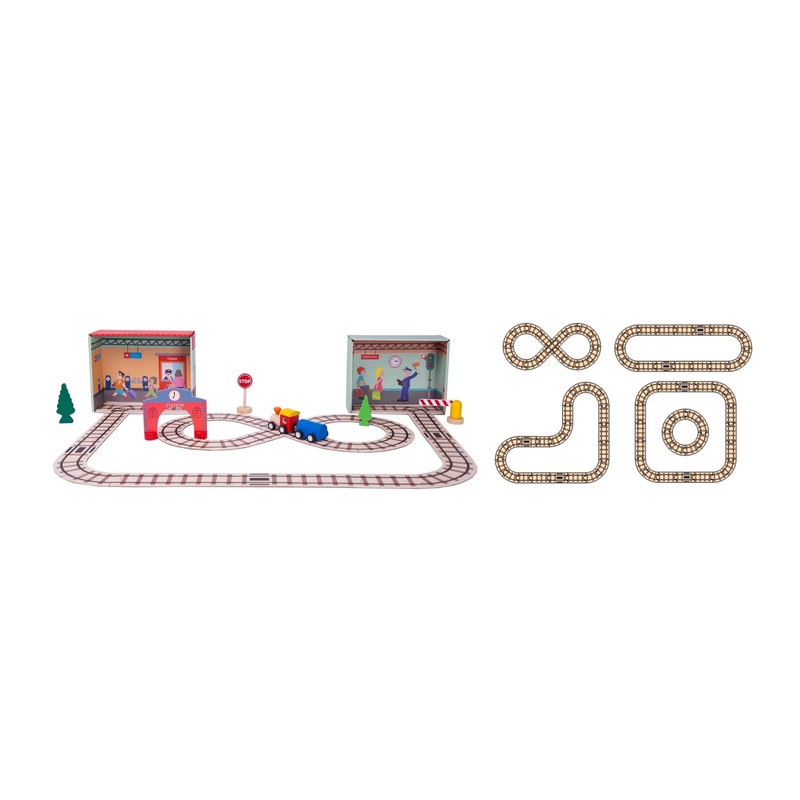 Wooden Train Playset with Paper Puzzle Railway