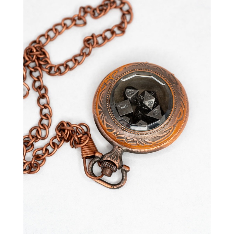 Grit In The Gears | Copper Pocket Watch with 7 Piece Micro Mini Metal Dice Set