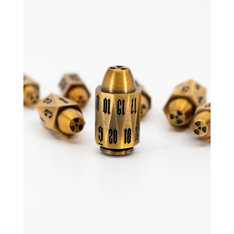Alpha | Brass Bullets | 7 Piece Metal Dice Set