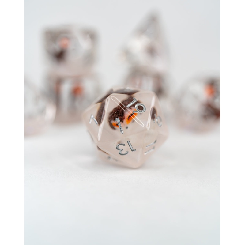Glimfeather | Owl | 7 Piece Acrylic Inclusion Dice Set