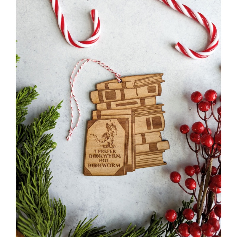 Bookwyrm | Wooden Ornament | Set of 2
