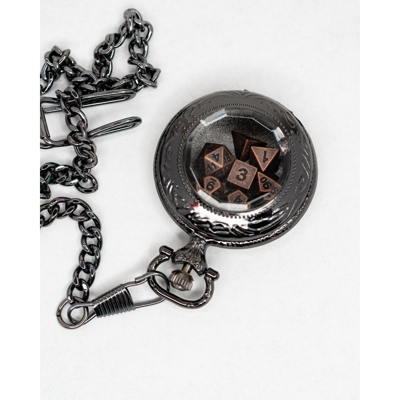 Infant Horologist | Black Chrome Pocket Watch with 7 Piece Micro Mini Metal Dice Set