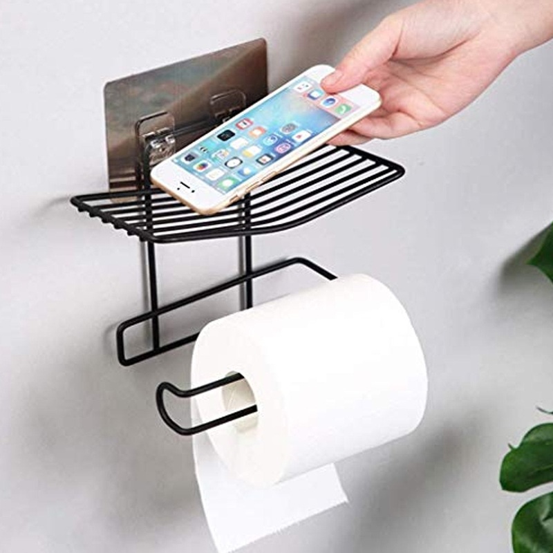 Iron Black Coated Self Adhesive Wall Mounted Tissue / Toilet Paper Holder