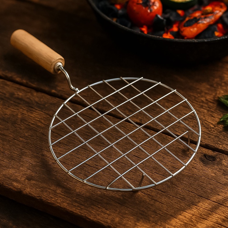 Kitchen Round Stainless Steel Roaster Papad Jali, Barbecue Grill with Wooden Handle