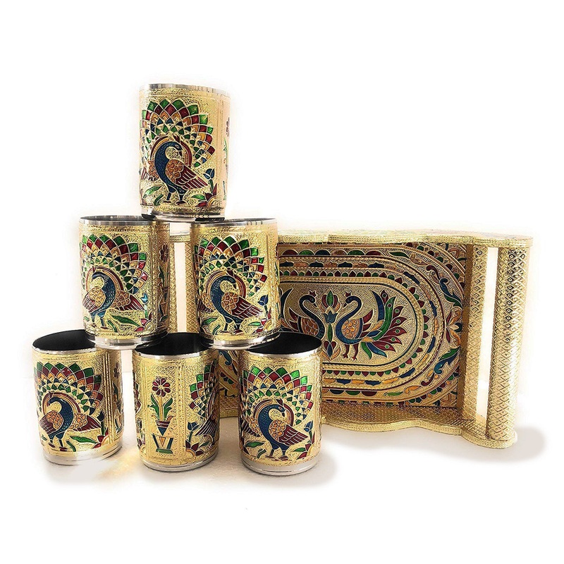 Peacock Design Glass with Handle and Handicraft Serving Tray Set