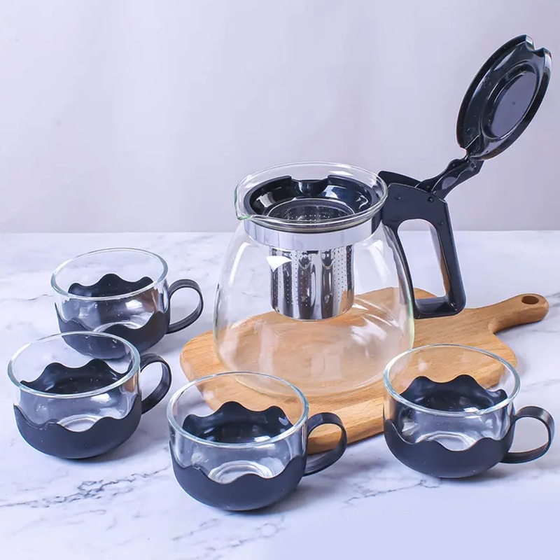 Flame Proof Glass Kettle & Cup Set With Strainer High Quality Kettle Set For Home & Caf Use (4 Cup & 1 Kettle) (24 Pc MOQ)