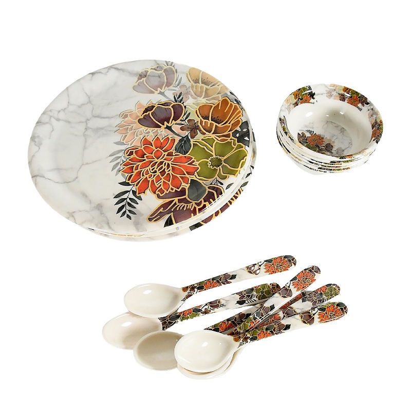 Dream 18-Piece Plastic Dinner Set  Unique Flower Design, 6 Plates, 6 Bowls & 6 Spoons, Microwave & Dishwasher Safe