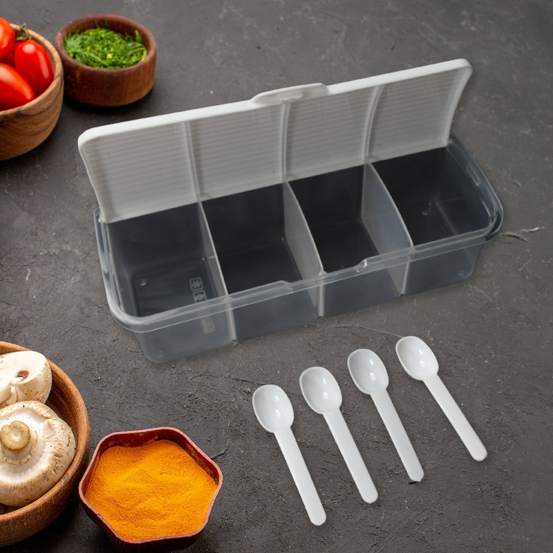 Kitchen Multipurpose Air-tight 4 Sections Storage Containers / Masala BoxPickle (Achar) Jar with 4 spoon for each section (1 Pc / Mix Color)