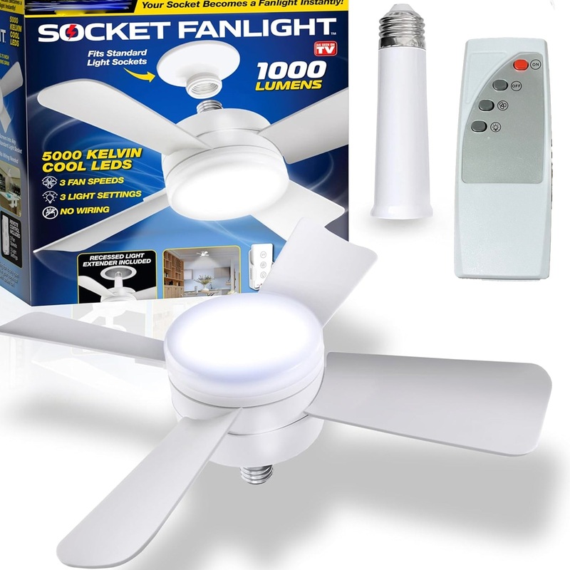 Original Cool LED Socket Fan Light  Ceiling Fan Replacement, 1000 Lumens/5000K, Remote Controlled (Remote Battery Not Included)