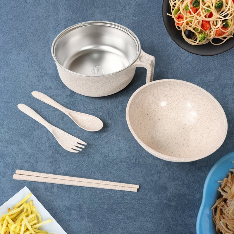 Rice Bowl Noodle Set  6 Pcs with Lid, Handle & Cutlery