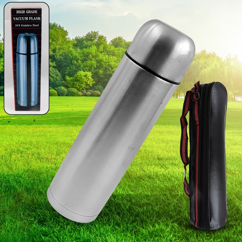 Vacuum Flask With Cover, 18/8 Stainless Steel | Hot and Cold Water Bottle with Push-Down Lid | Double Walled Stainless Steel Bottle for Travel, Home, Office, School, Picnic ( Approx 500 ML / With Cover)