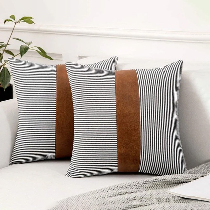 Pillow Covers, leather & cotton Cushion Covers (16  16 Inch / 1 Pair / 2 Pc)