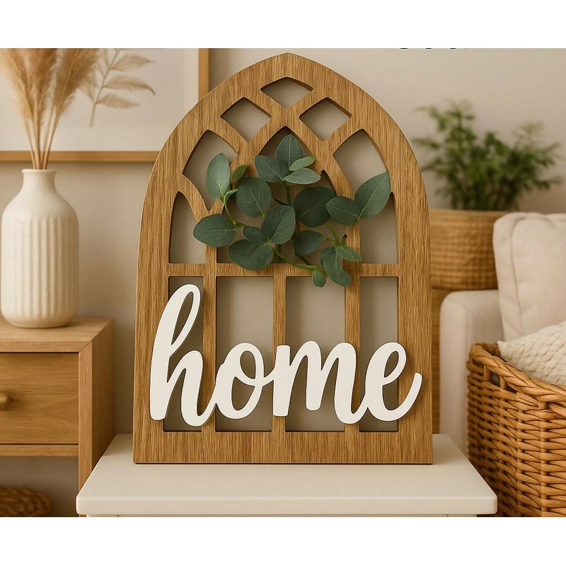 Rustic Arch Window Home Sign  Wooden Wall Art with Faux Greenery for Entryway & Living Room