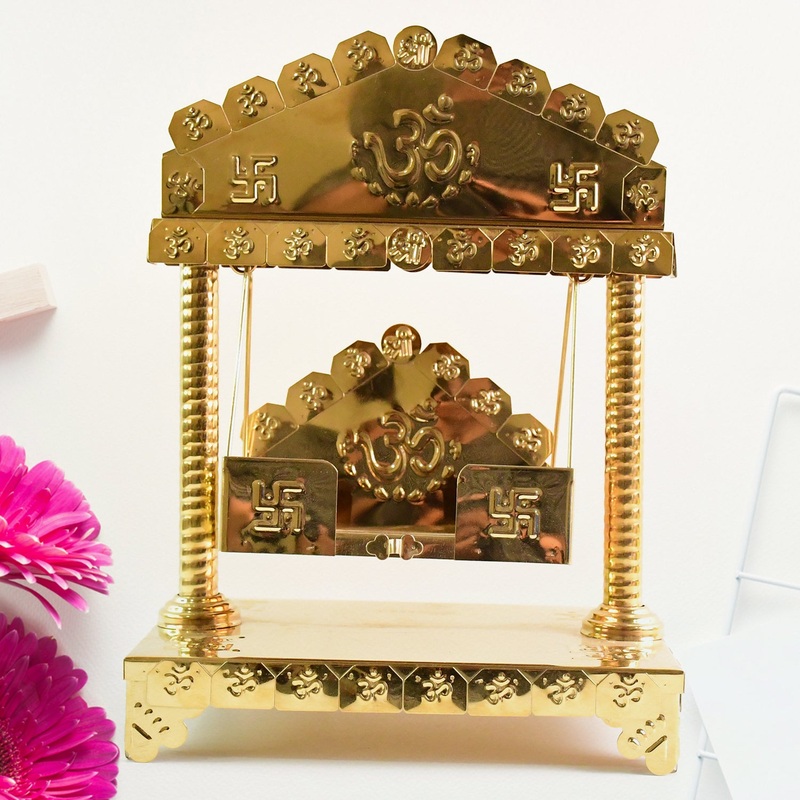 Traditional Brass-Coated Decorative Mini Jhula (Swing) for God Idol  2 Pc