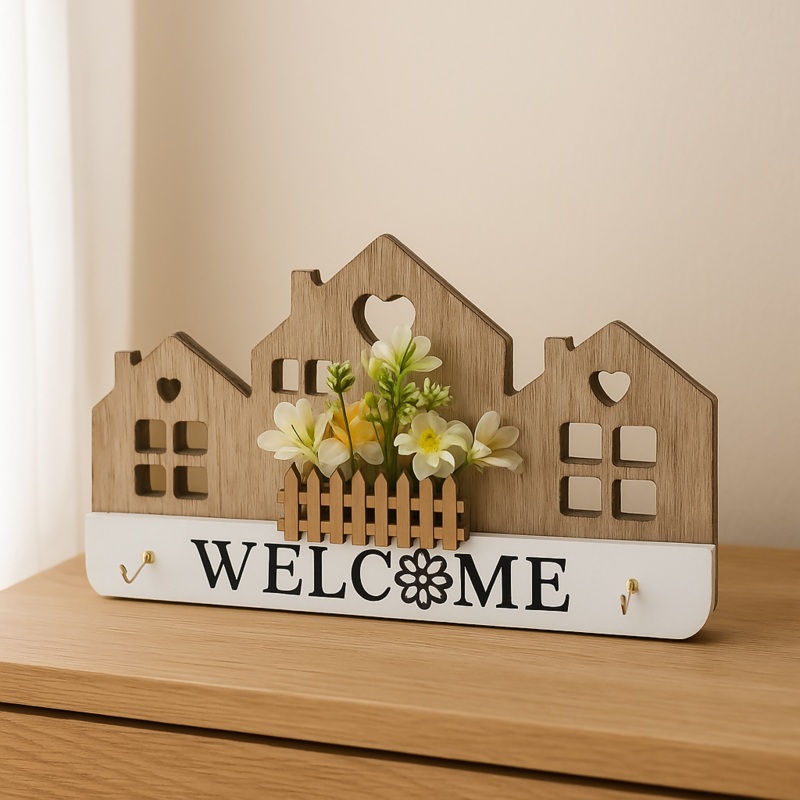 BloomHaus Wooden Welcome Key Holder  Wall Hanging Organizer with Flowers & House Design