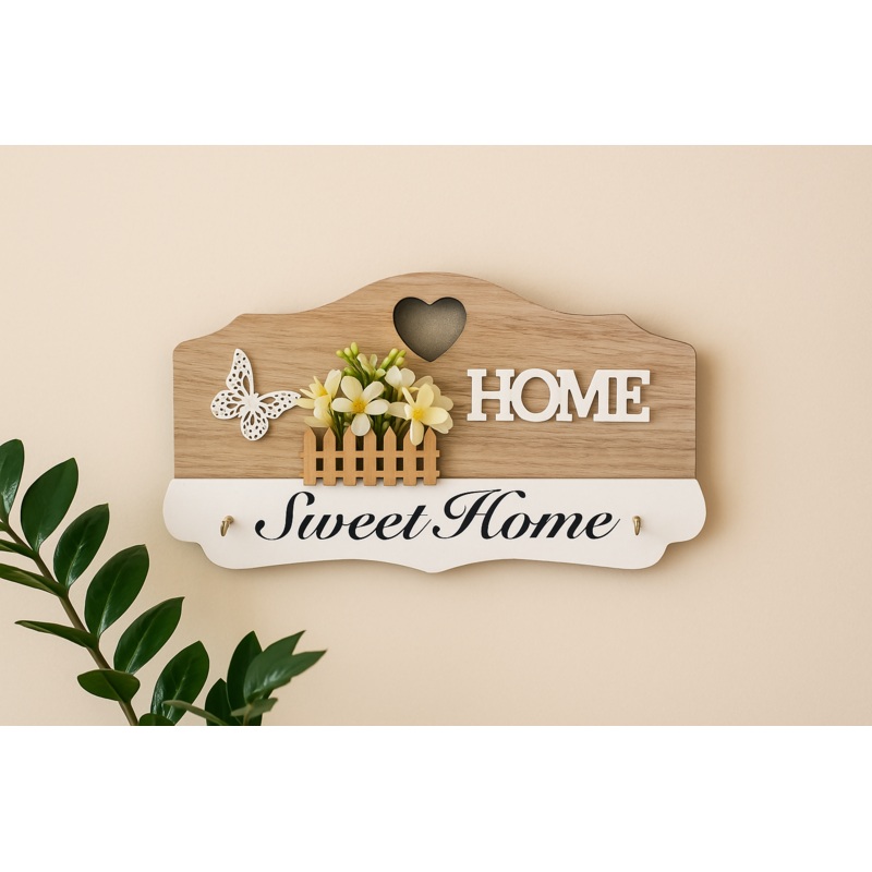 BlossomNest Wall Key Holder  Sweet Home Wooden Hanging Key Organizer with Flowers & Butterfly Design
