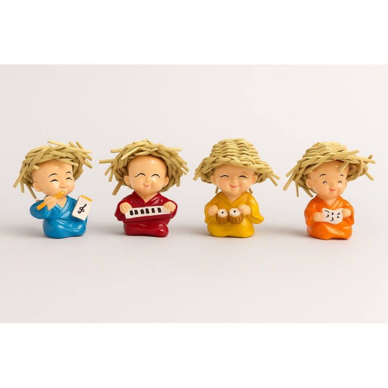 Cute Monk Figurine Set  Musical Baby Monks with Straw Hats for Home Decor (Set of 4)
