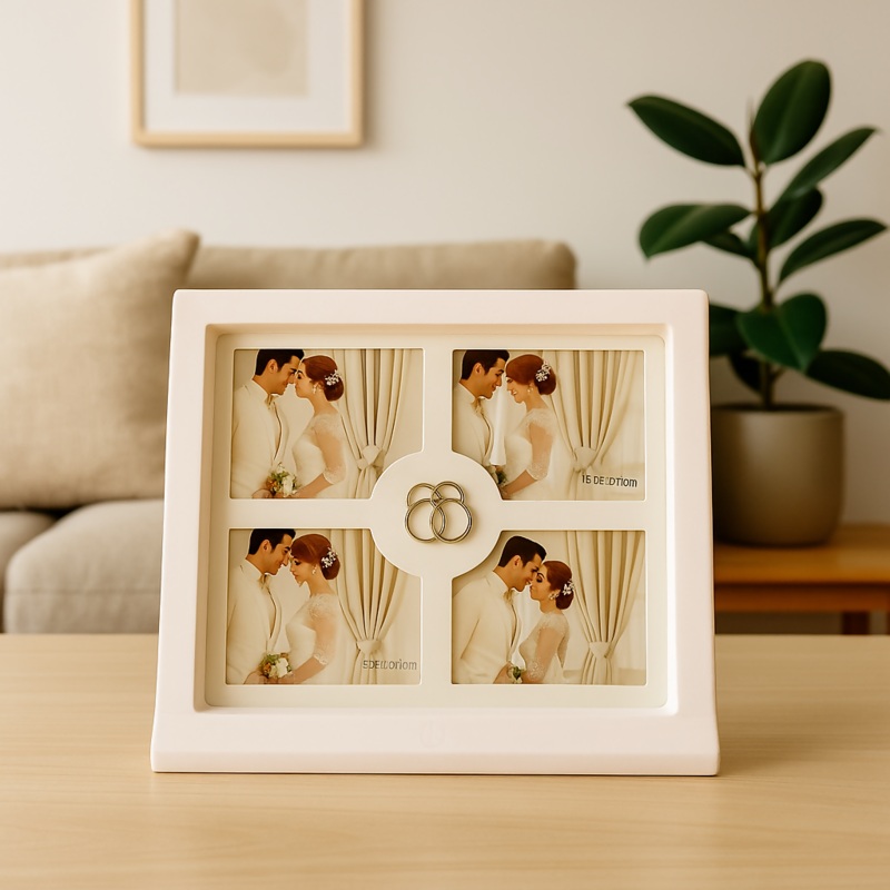 Elegant 4-Slot Wedding Photo Frame with Ring Motif  Tabletop Display for Couple Memories