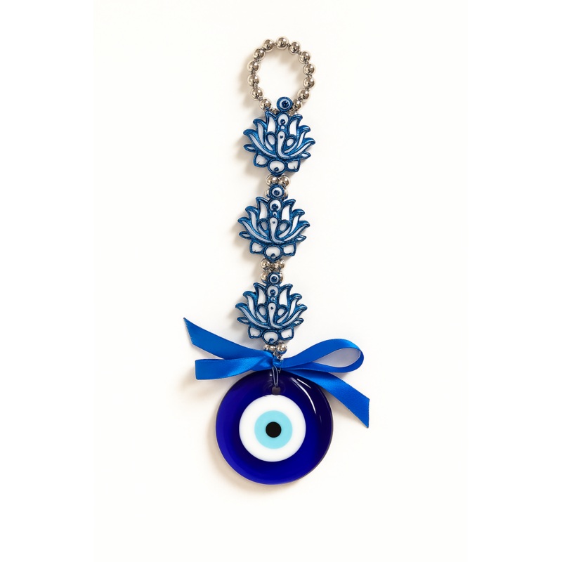 Lotus Evil Eye Wall Hanging  Blue Nazar Protection Charm with Ribbon & Beads