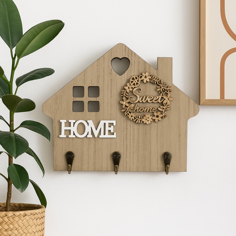 SweetNest Wooden Wall Key Holder  House-Shaped Home Decor with Hooks (Natural Finish)