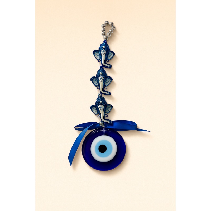 Blue Nazar Elephant Wall Hanging  Evil Eye Protection Charm with Decorative Beads & Ribbon