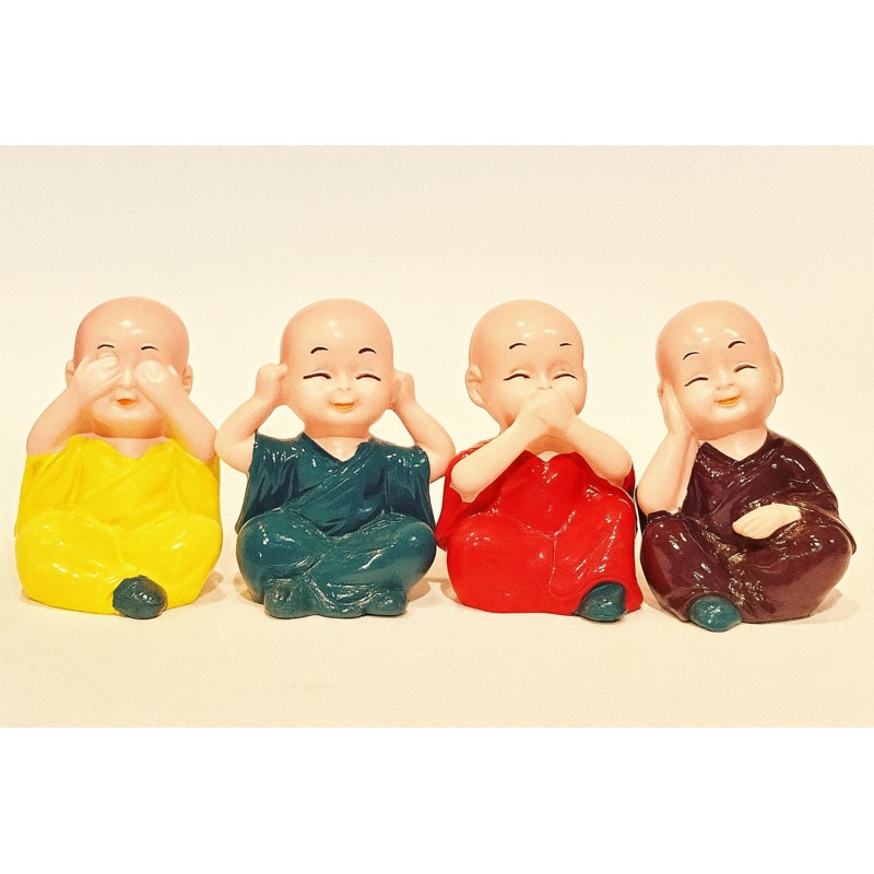 Colorful Little Monk Figurines Set  Hear No Evil, See No Evil, Speak No Evil, Think Good Thoughts Statues