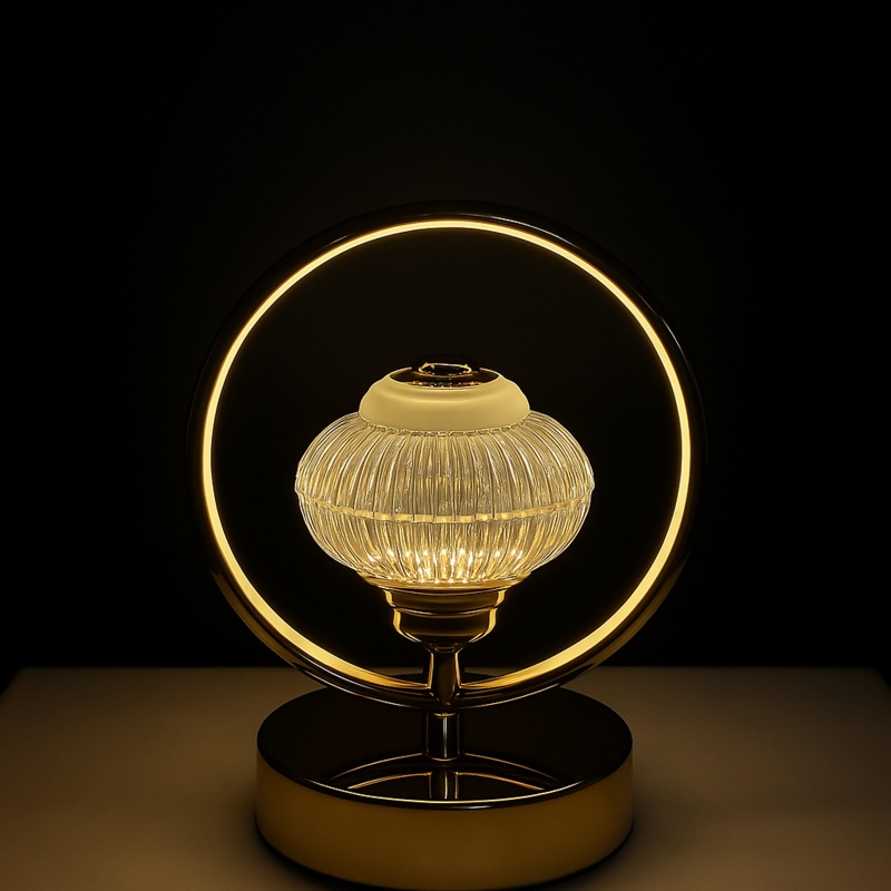 Modern LED Ring Table Lamp  Decorative Ambient Light with Crystal Glass Centerpiece