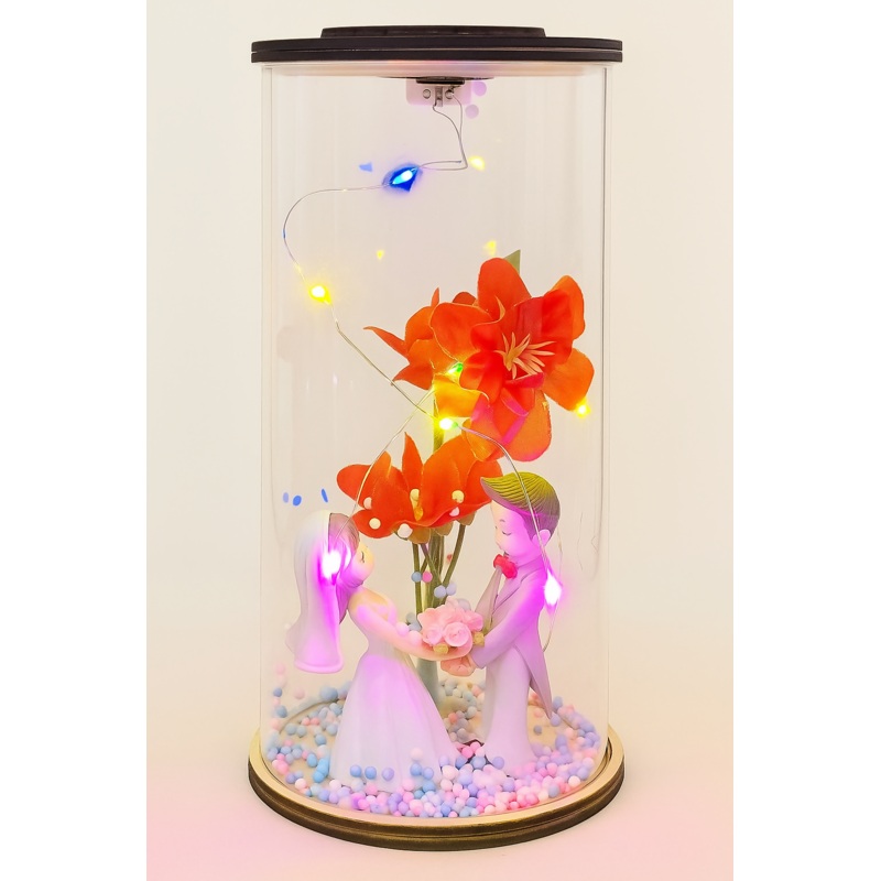 Romantic LED Glass Dome Couple Showpiece with Artificial Flowers
