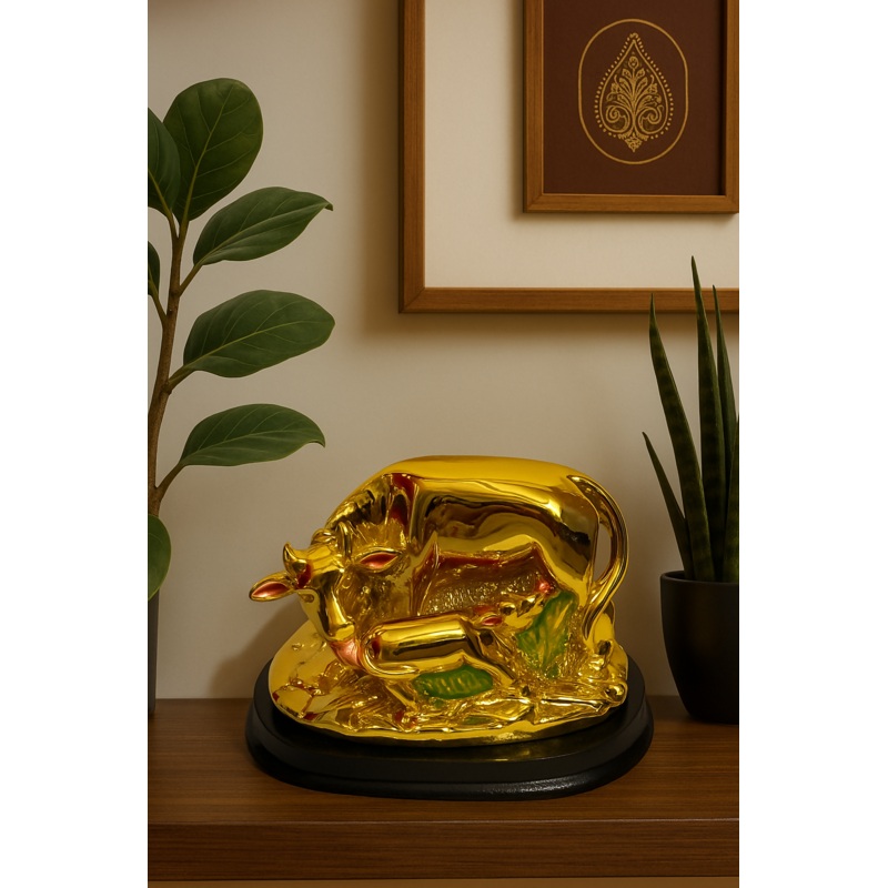 SwarnaKamdhenu Cow and Calf Idol  Golden Vastu Figurine for Home & Office Decor