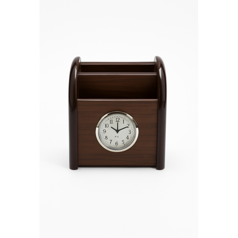 Wooden Desk Organizer with Clock  Multifunctional Pen Holder for Office & Study Table