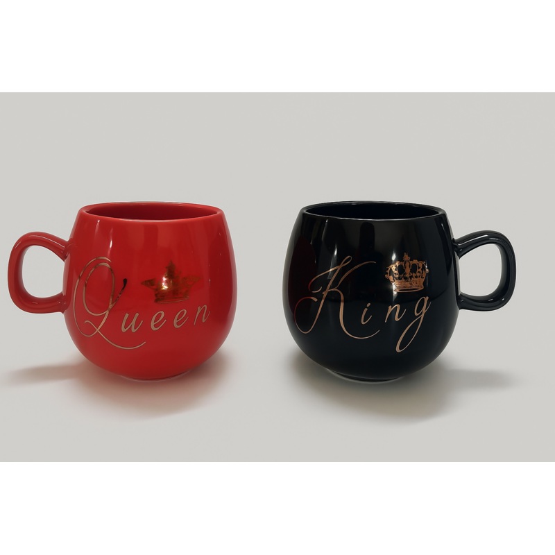 King & Queen Ceramic Mug Set  Couple Coffee Mugs with Crown Design (Black & Red)