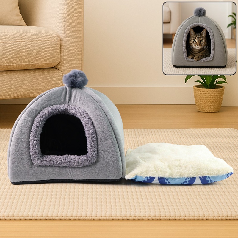 Luxury Soft Plush Indoor Cat & Small Pet Tent Bed House with Removable Cushion
