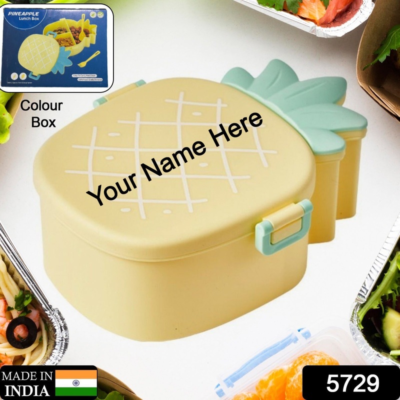 Customize Kids Lunch Box Cute Pineapple Shaped Bento Box with Fork Spoon Snack Container Microwave Portable Office Lunch Box (1 Pc / With Spoon, Fork & Color Box)