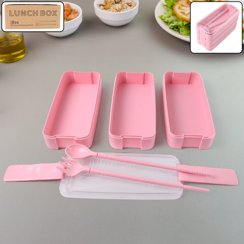 Eco-Friendly 3-Layer Stackable Lunch Box Set with Cutlery